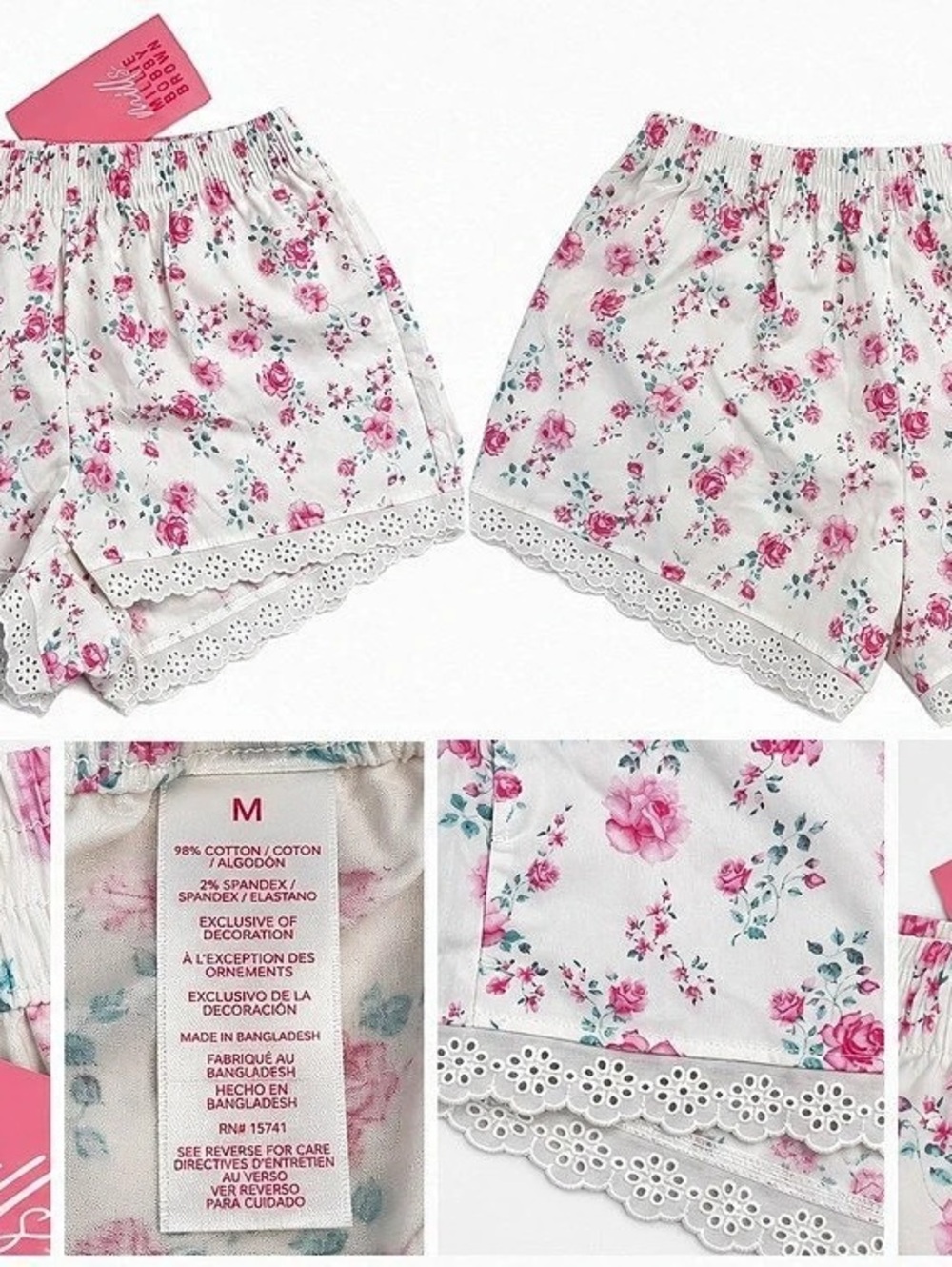 Millie Bobby Brown Mills Women’s M Floral Sleep Shorts Pink Roses NWT Eyelet Tri